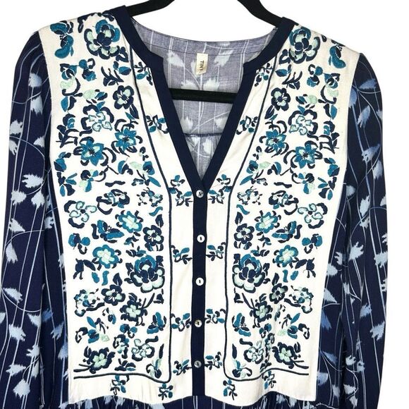 Tiny Anthropologie Semele Shirtdress Blue Motif Floral Embroidered Dress XS - Picture 2 of 8